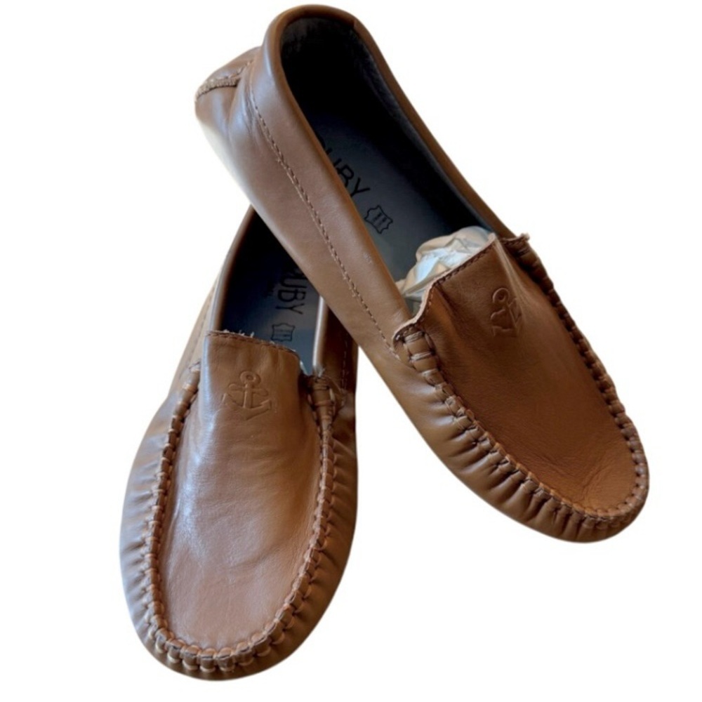 2/$30 NEW Ruby Genuine Leather Boy Light Brown Cognac Slip On Shoes 1.5‎ Anchor